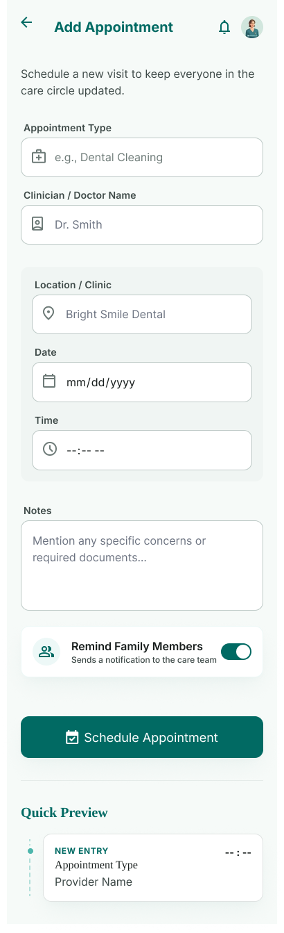 CareBridge add appointment screen