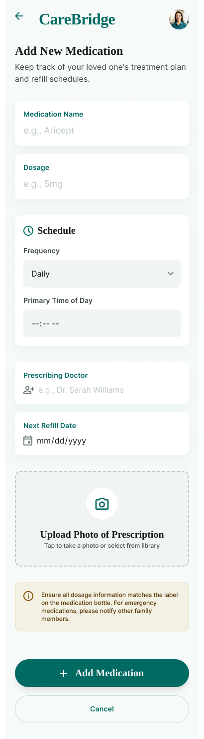 CareBridge add medication screen