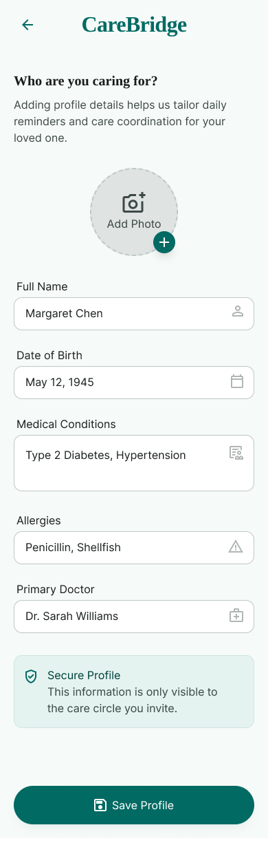 CareBridge care recipient setup screen