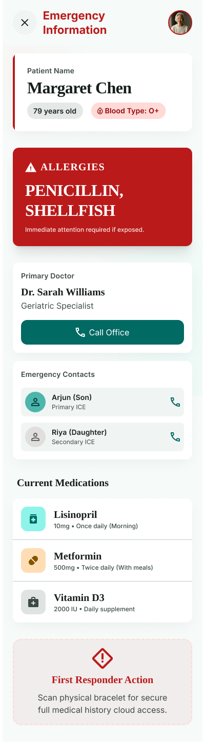 CareBridge emergency information card with allergies highlighted in red