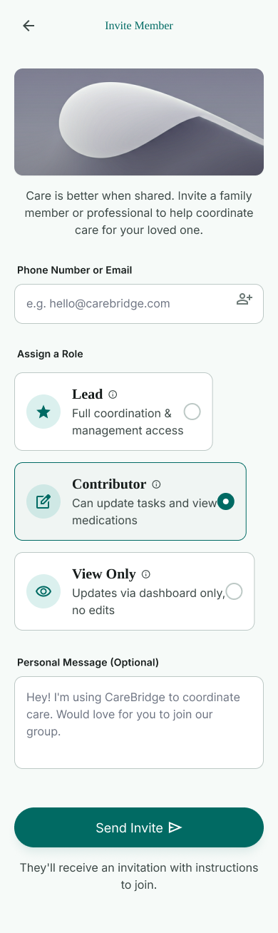 CareBridge invite family member screen