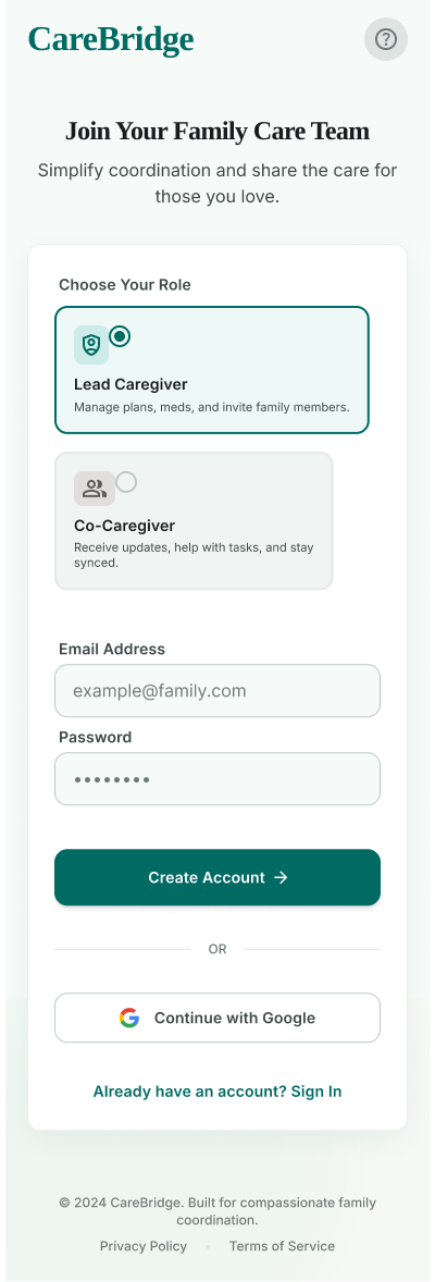 CareBridge role selection screen for Lead Caregiver or Co-Caregiver