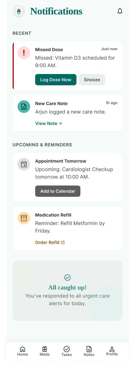 CareBridge notifications screen
