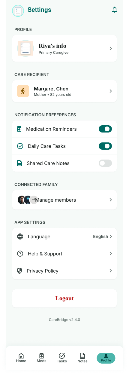 CareBridge settings screen