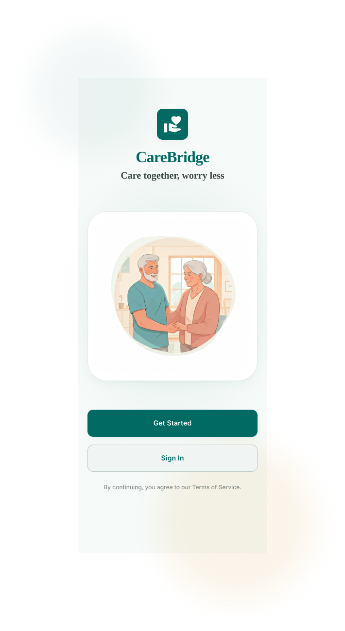 CareBridge splash screen with the tagline 'Care together, worry less'
