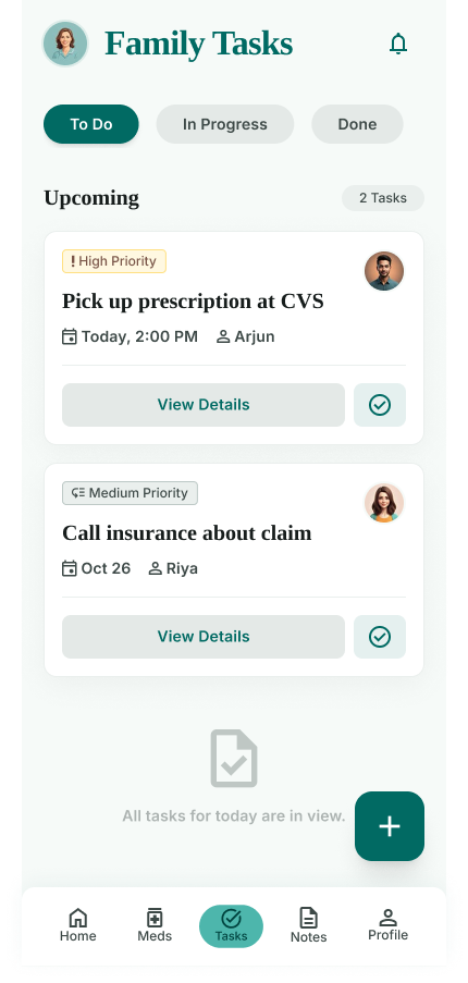CareBridge family task board with priority tasks