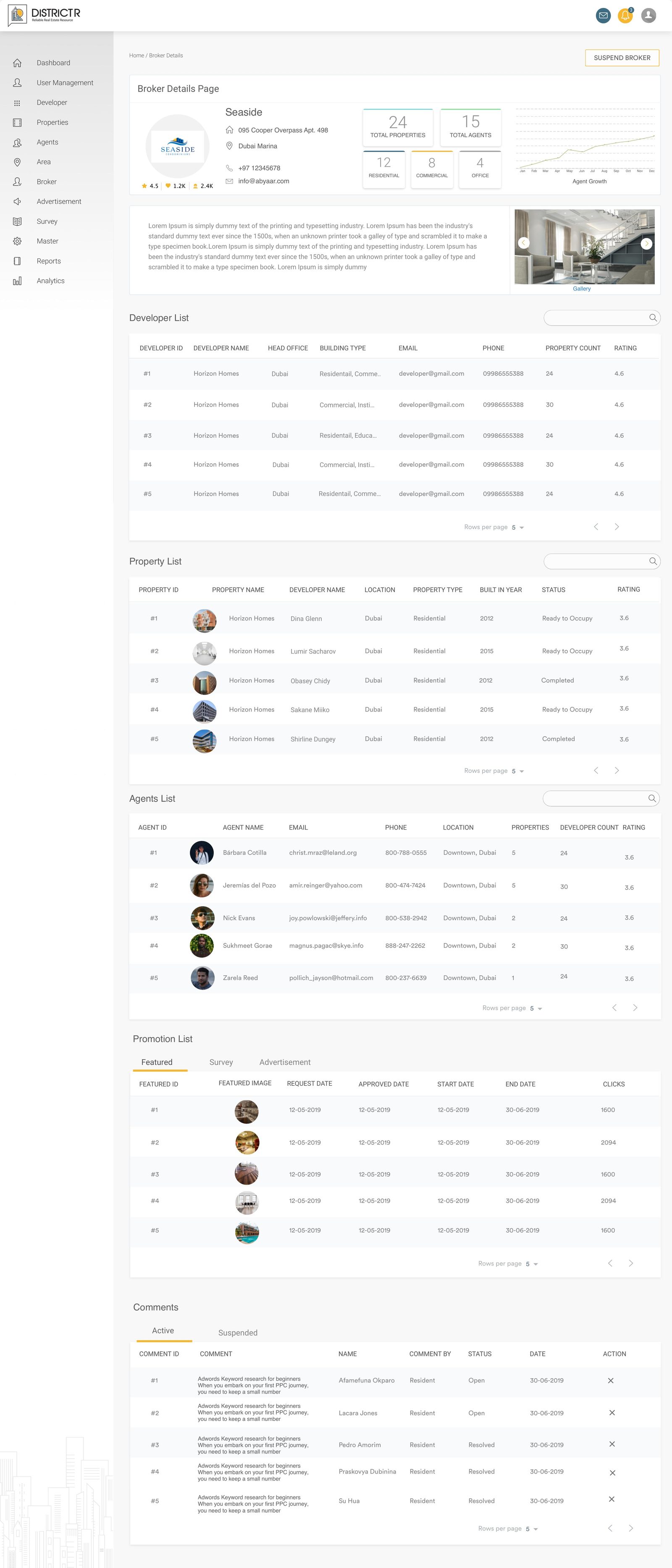 Broker profile page with developers, properties and agents lists