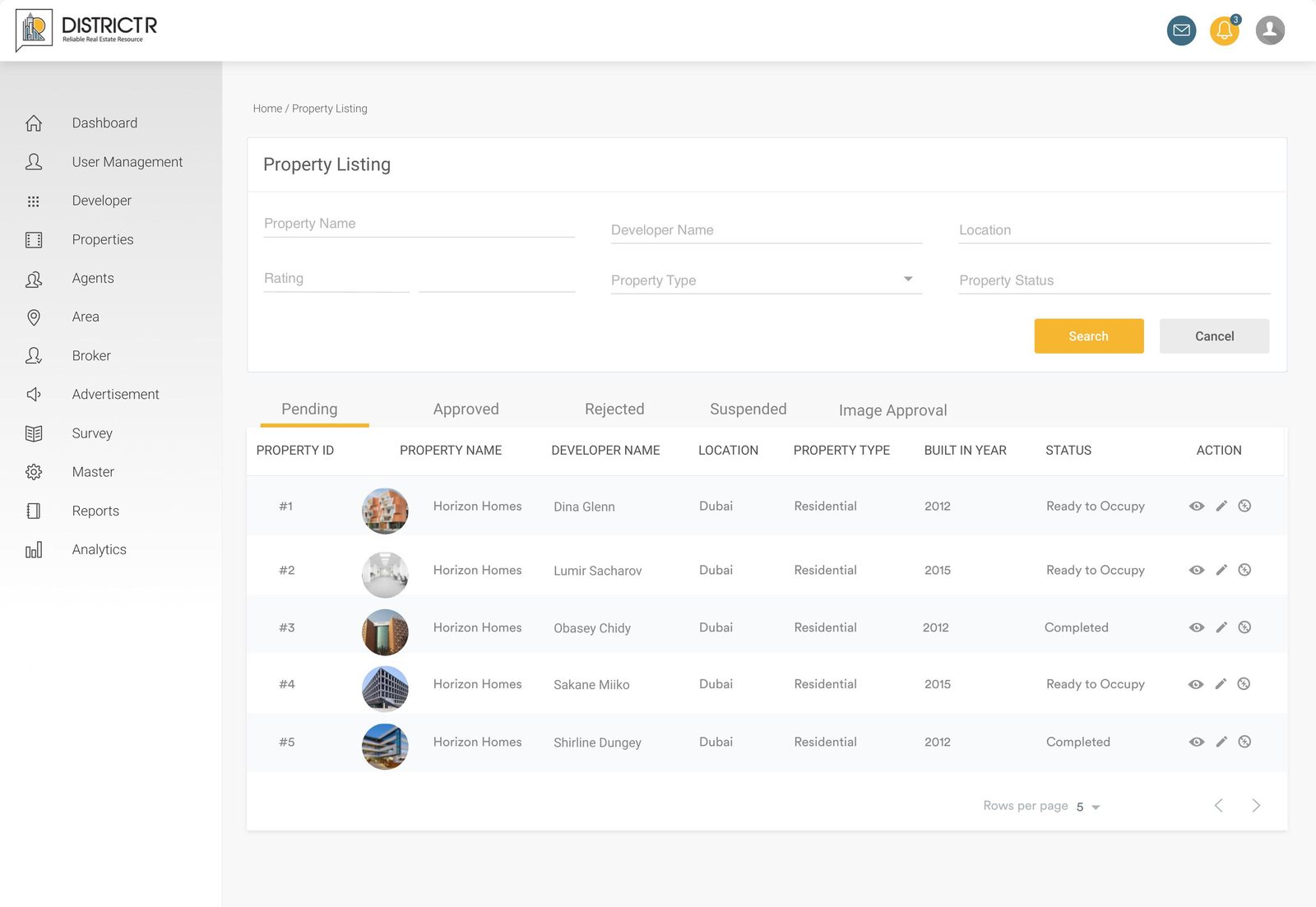 Property listing table with status tabs and filters