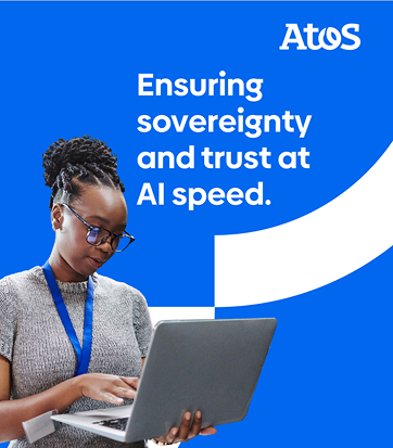 Atos brand campaign creative — professional at laptop, sovereignty and trust at AI speed
