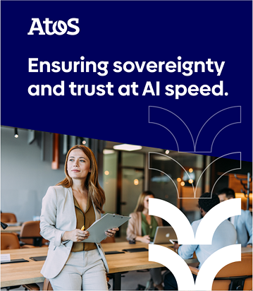 Atos brand campaign creative — outdoor team meeting, sovereignty and trust at AI speed