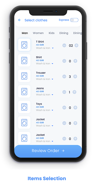Hawa app items selection screen
